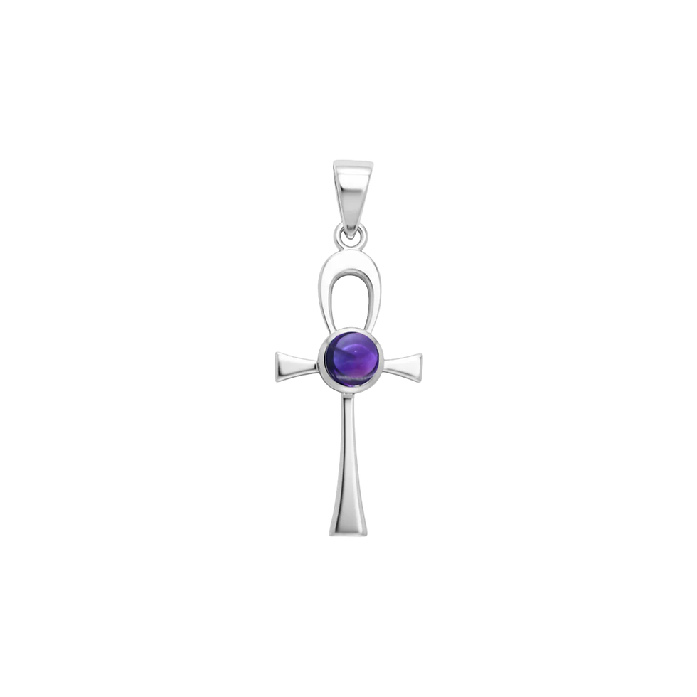 Sterling silver ankh pendant with a round purple gemstone.