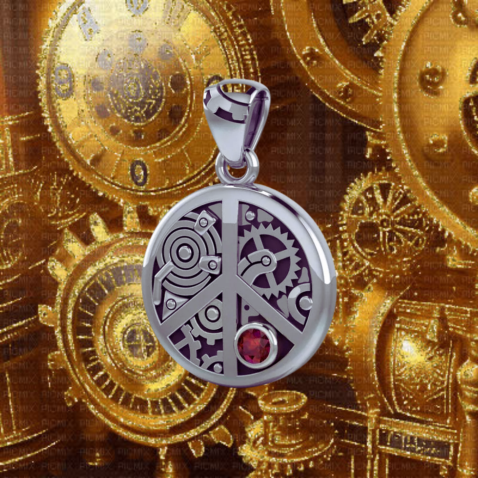 Thumbnail: Silver peace sign pendant with intricate gears, red jewel, steampunk background.