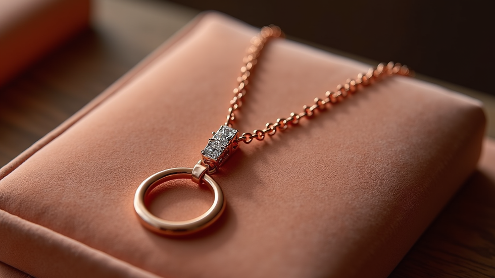 Eye-level view of rose gold necklace on velvet display
