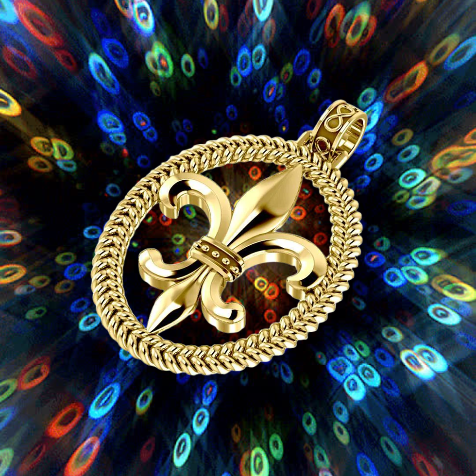 Thumbnail: Oval gold fleur-de-lis pendant against a vibrant, multi-colored abstract background.