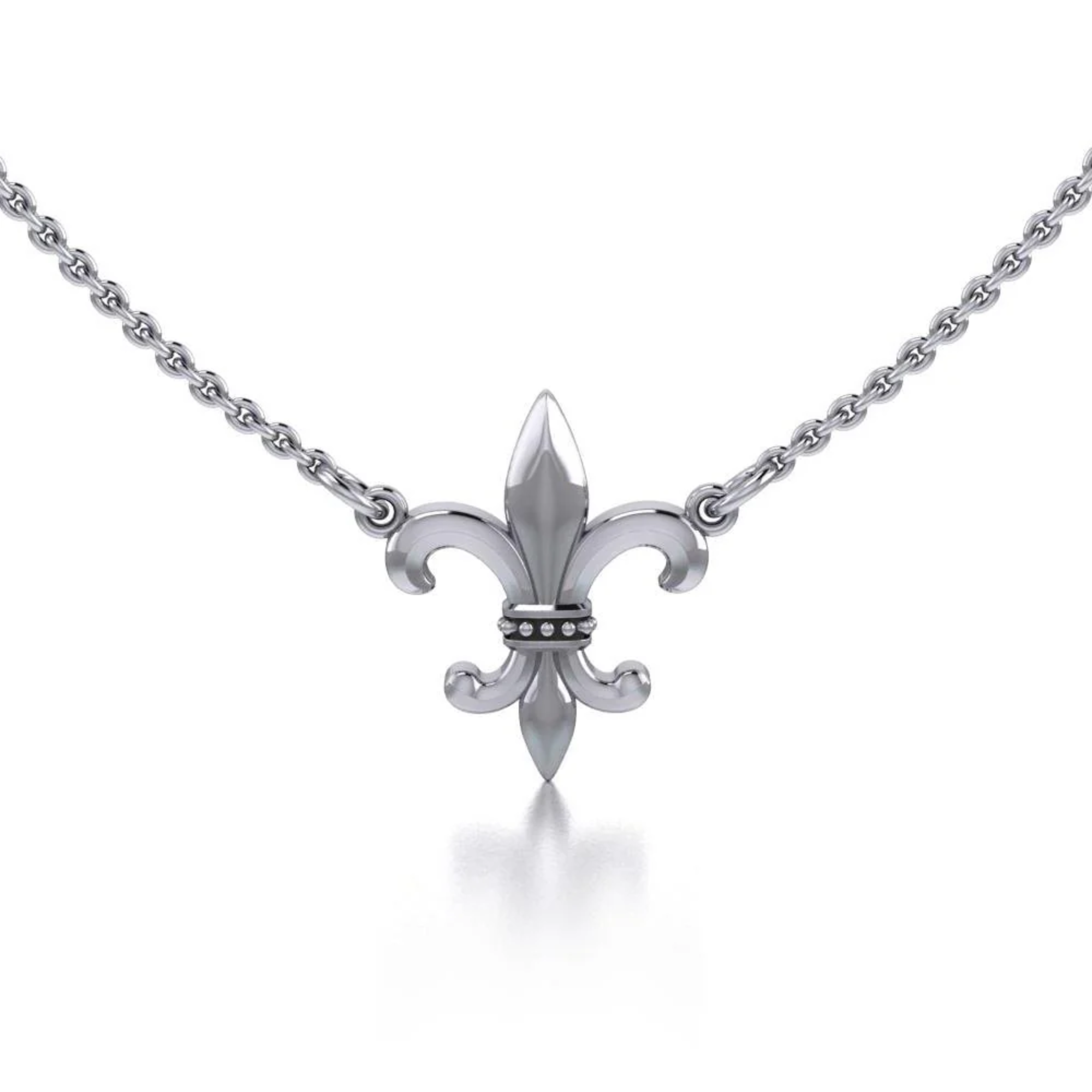 Silver Fleur de Lis pendant centered on a delicate chain, elegant jewelry.