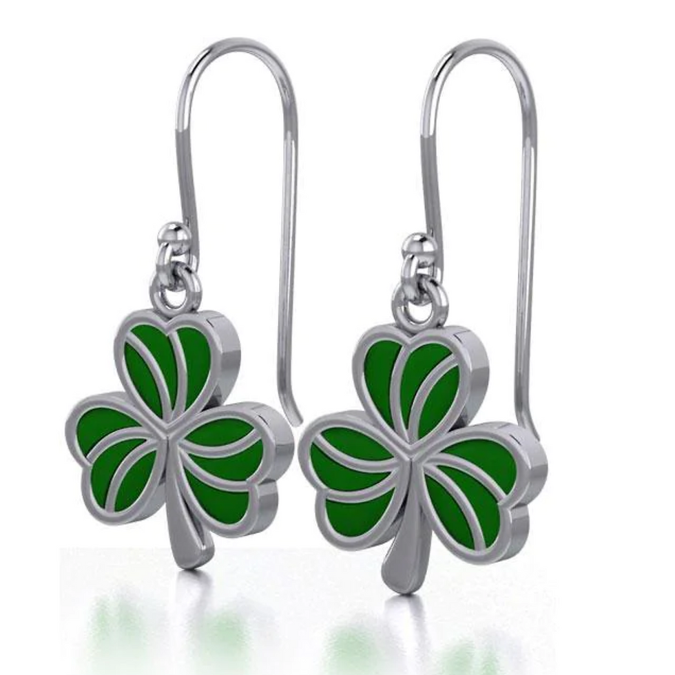 Pair of silver shamrock earrings with vibrant green enamel details.