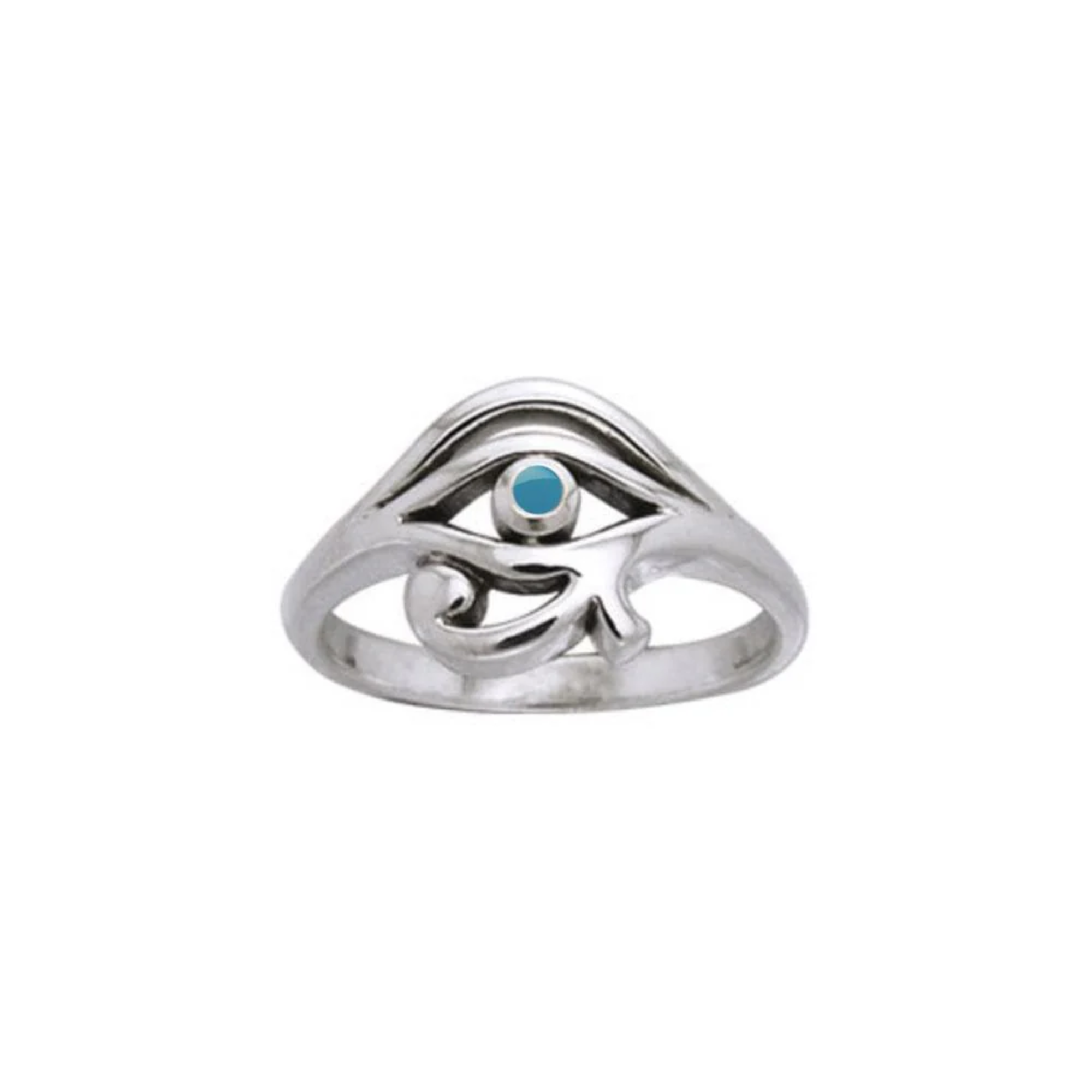 Sterling silver ring featuring an Egyptian Eye of Horus design, blue stone.