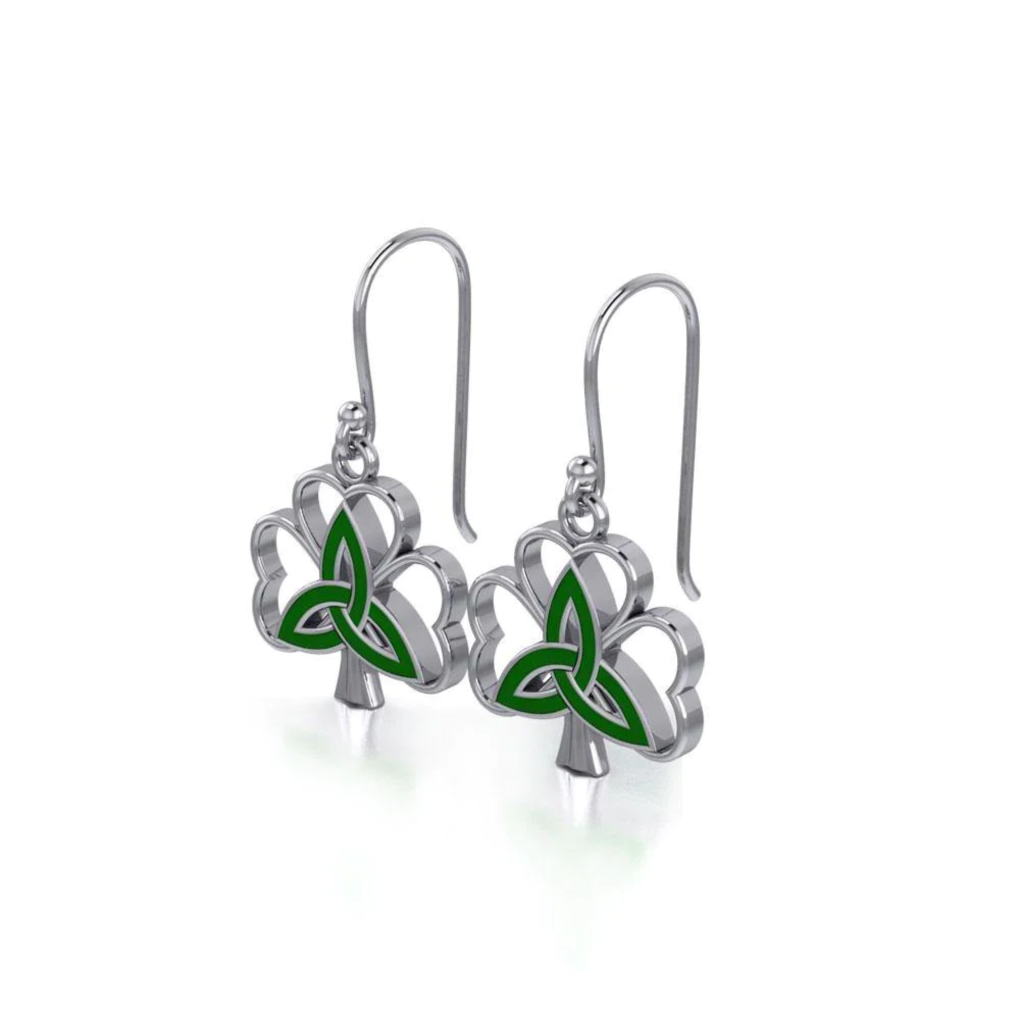 Pair of silver shamrock earrings with green enamel trinity knots.