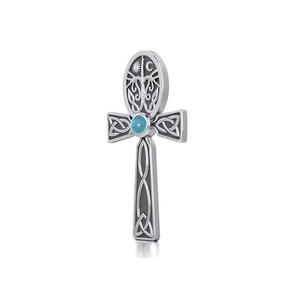 Mystical silver Ankh pendant featuring Celtic knotwork and a turquoise stone.
