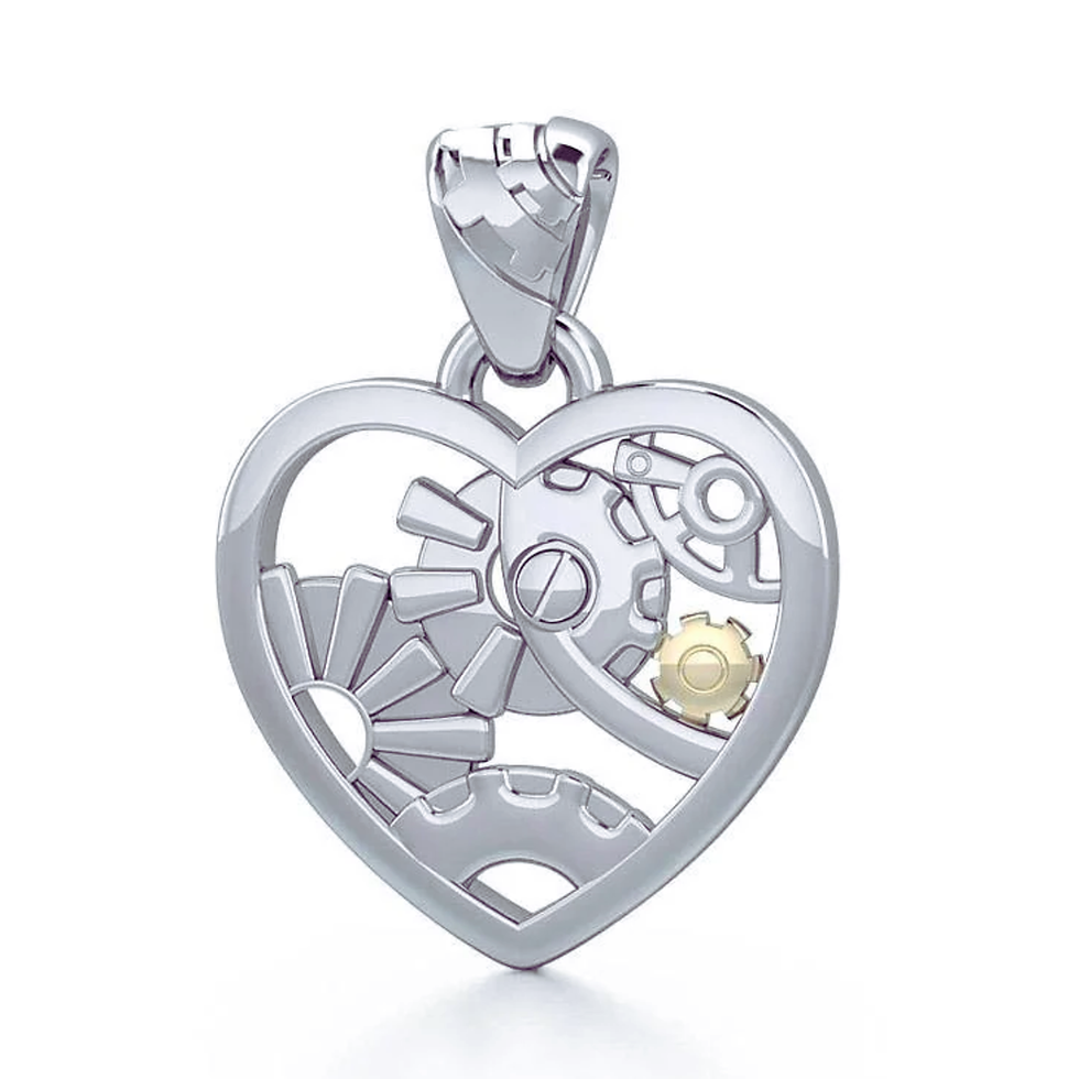 Steampunk silver heart pendant, intricate gears with a small gold accent.