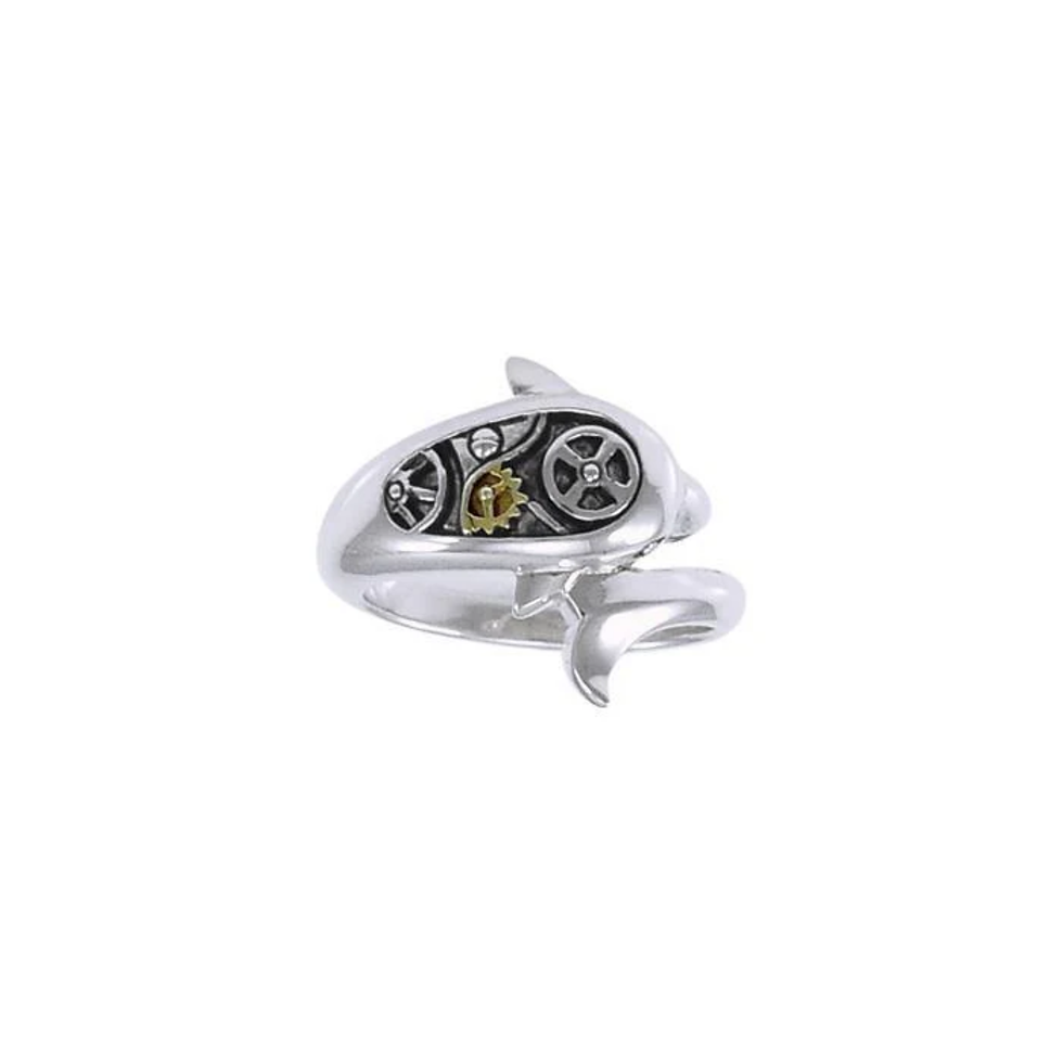 Thumbnail: Detailed silver dolphin ring featuring internal steampunk gears and gold accents.