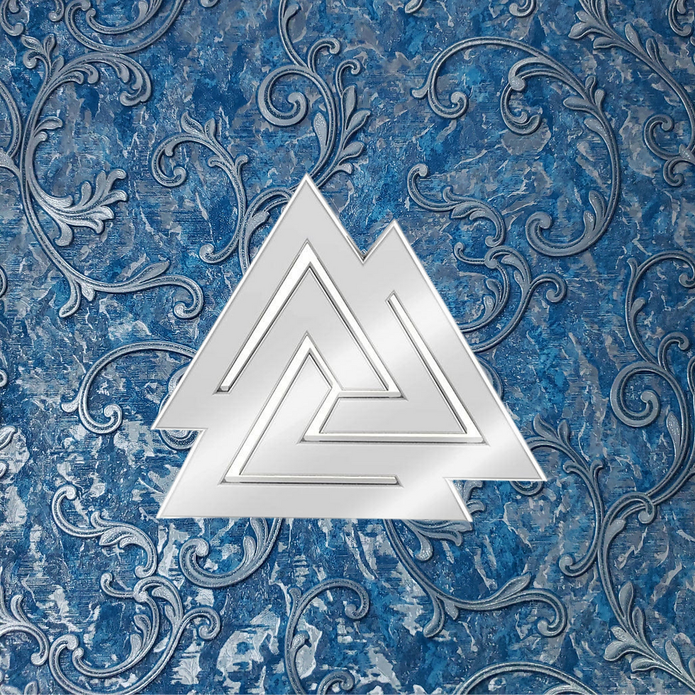 Thumbnail: Silver Valknut symbol centered on an ornate blue patterned background.