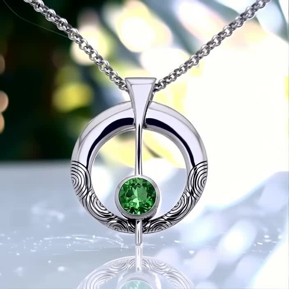 Thumbnail: Silver pendant with green gemstone, intricate design, reflecting on shiny surface.