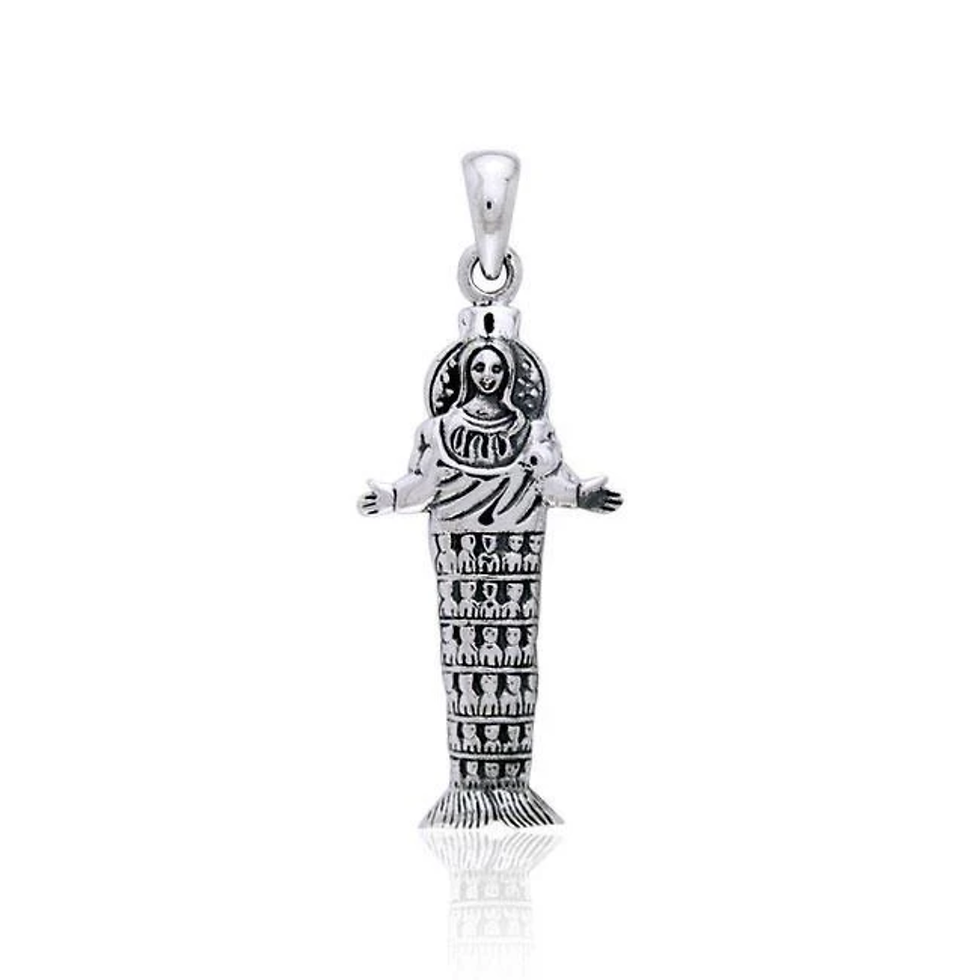 Sterling silver pendant depicting Egyptian god Thoth with outstretched arms.