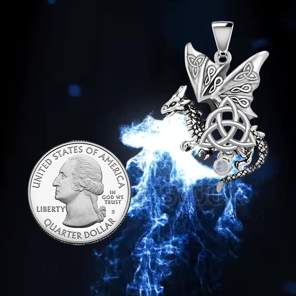 Thumbnail: Silver winged dragon pendant with Celtic knot, beside US Quarter coin.