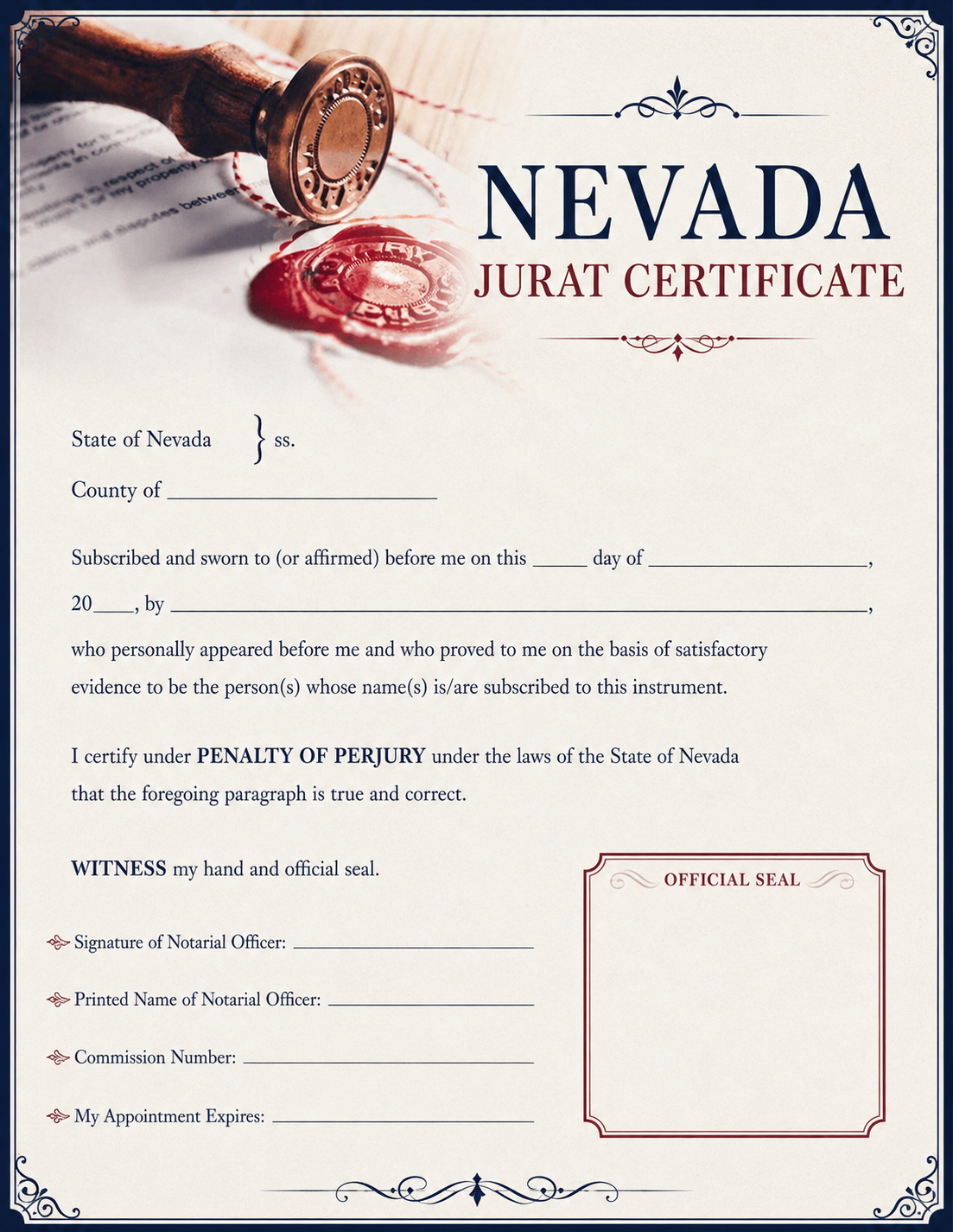 NEVADA JURAT CERTIFICATE - WAX SEAL