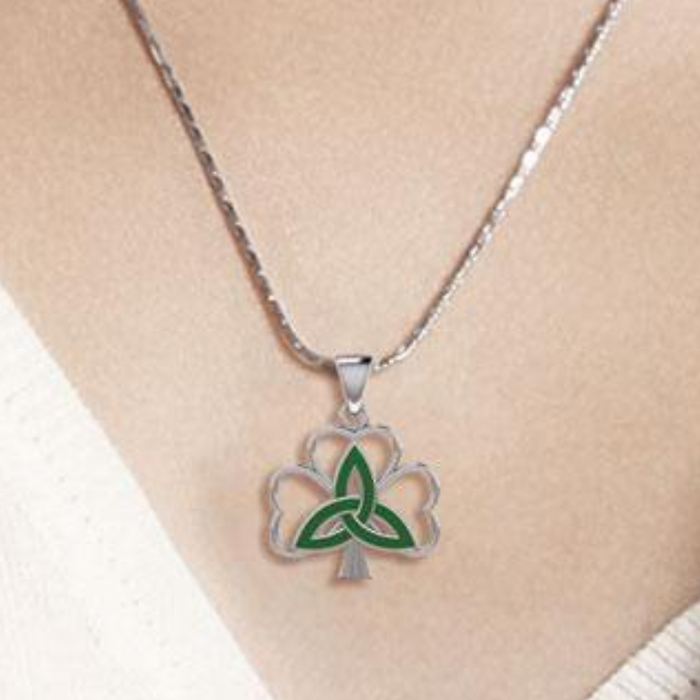Thumbnail: Green trinity knot shamrock pendant on a silver chain necklace.