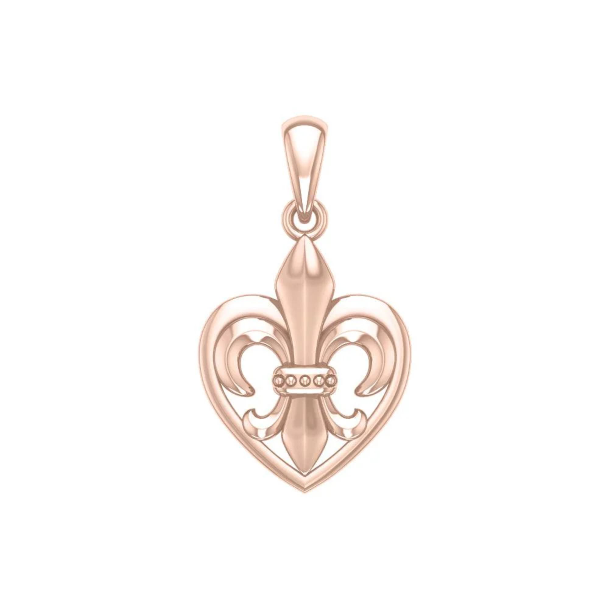 Elegant rose gold heart pendant featuring a detailed fleur-de-lis design.
