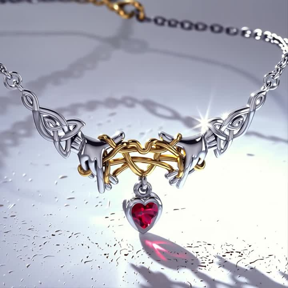 Thumbnail: Elegant silver Celtic knot necklace, gold accents, sparkling red heart pendant.