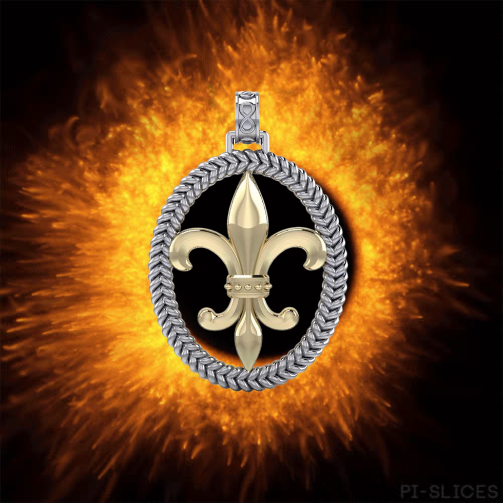 Thumbnail: Gold fleur-de-lis pendant inside braided silver oval with fiery background. PI-SLICES.