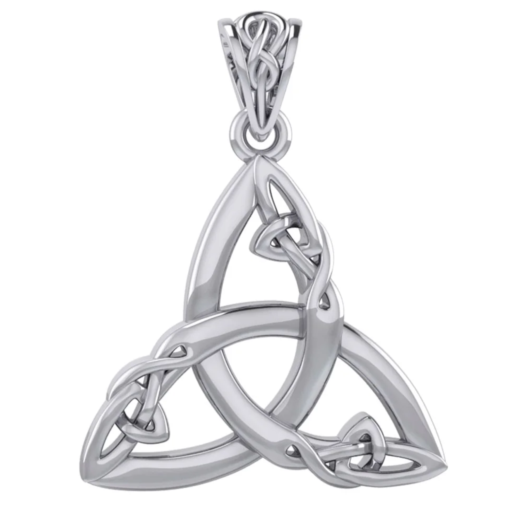 Silver Celtic Trinity Knot pendant with intricate interwoven design on white background.