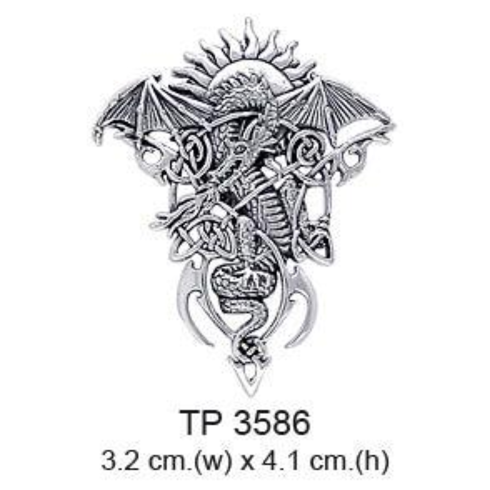 Thumbnail: Silver Celtic Knot Dragon pendant with sunburst, TP 3586, 3.2cm x 4.1cm.