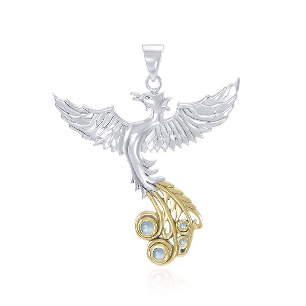 Thumbnail: Silver phoenix pendant with gold accents and light blue gemstones.
