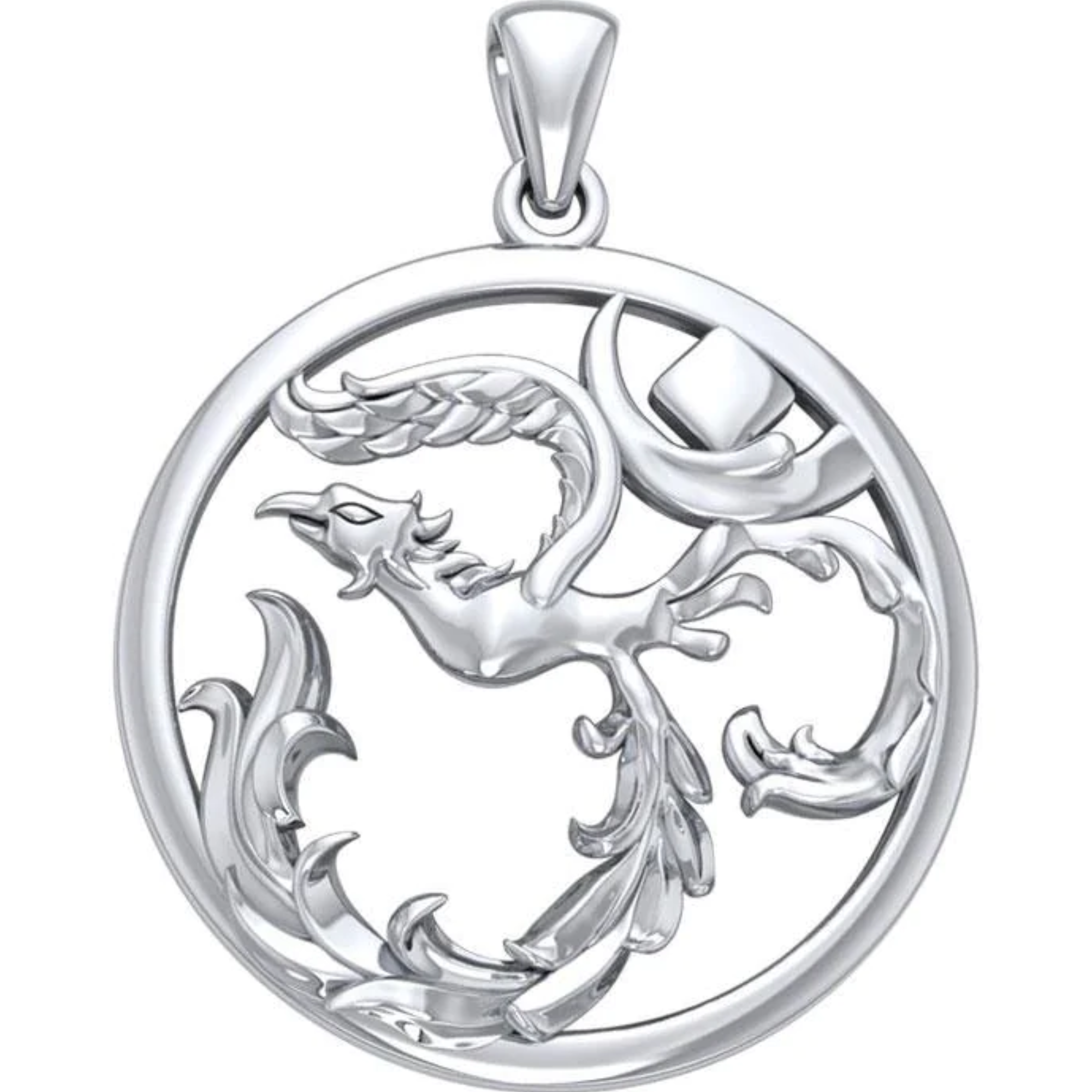 Circular silver pendant features an intricately designed majestic phoenix.