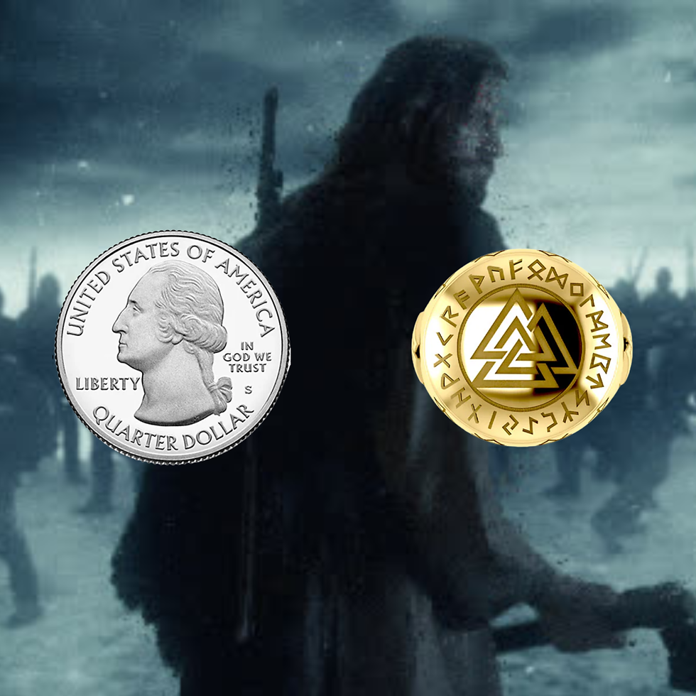 Thumbnail: US Quarter, gold runic medallion, over warrior and army battle scene.