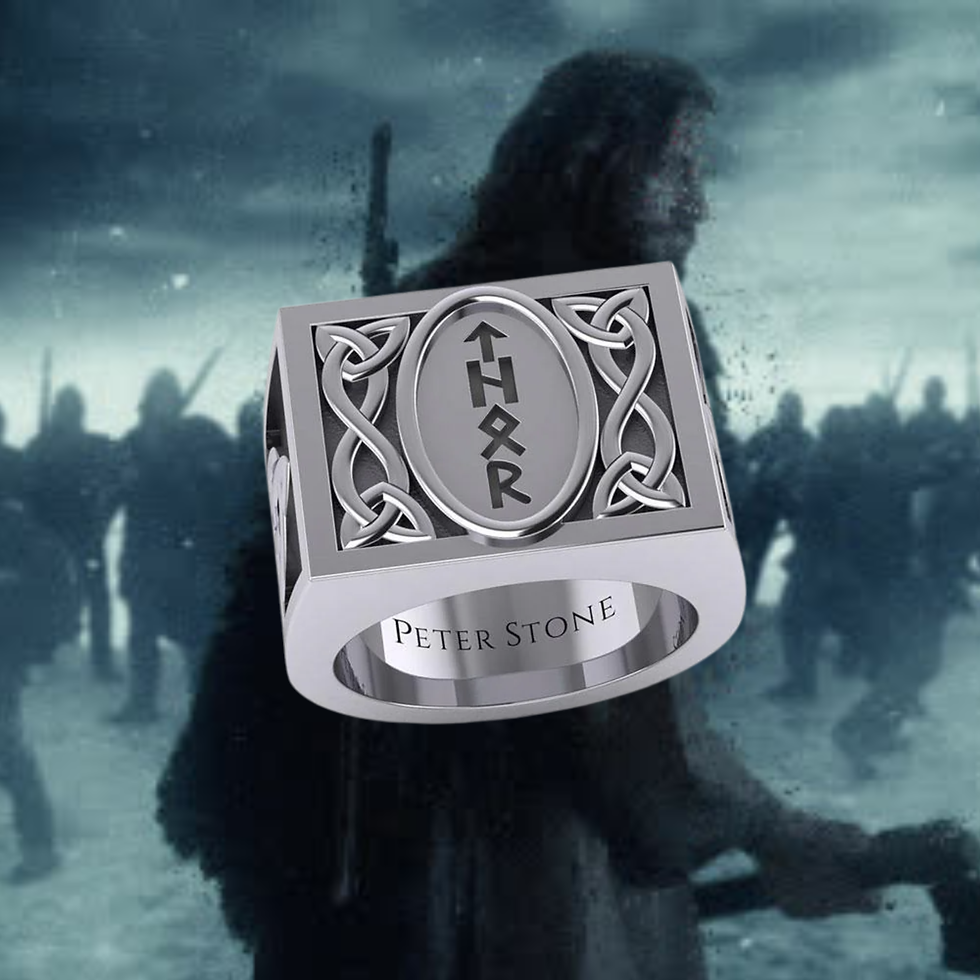 Thumbnail: Silver ring with runic THOR, Celtic knots, PETER STONE, Viking background.
