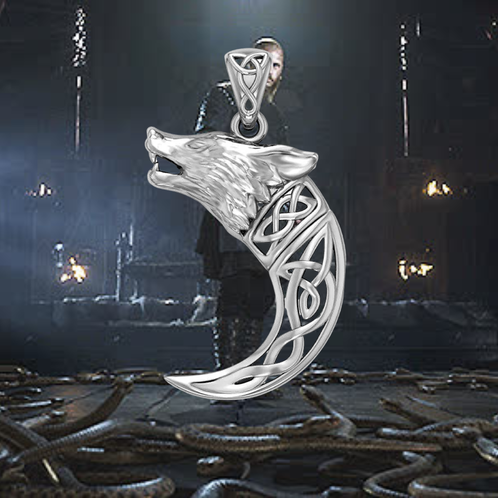 Thumbnail: Silver wolf head Celtic crescent pendant in dark setting with snakes.