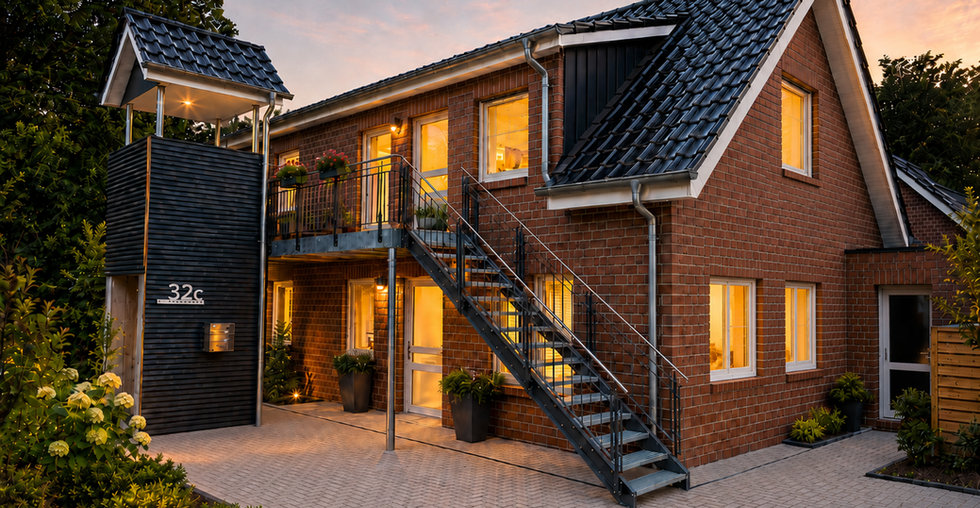Barrierefreie 2-Zi.-Erdgeschosswohnung Apen, Neubau KfW 40 Plus – Seitenansicht mit Eingangsbereich und Aufzugsturm