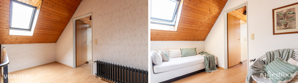Vorher–Nachher Flur unter Dach, Oldenburg-Bümmerstede – Dachschräge mit Dachfenster: vom leeren Durchgang zur gemütlichen Leseecke (Home Staging Nordlixx)