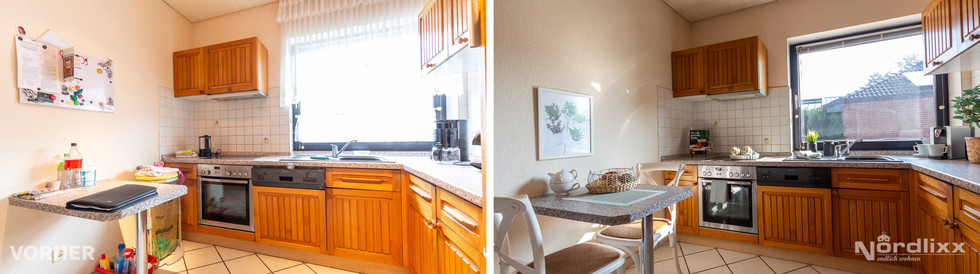 Küche Oldenburg Vorher-Nachher: aufgeräumt, Sitzplatz ergänzt – mehr Licht, freundliche Deko, frische Wirkung ohne Umbau