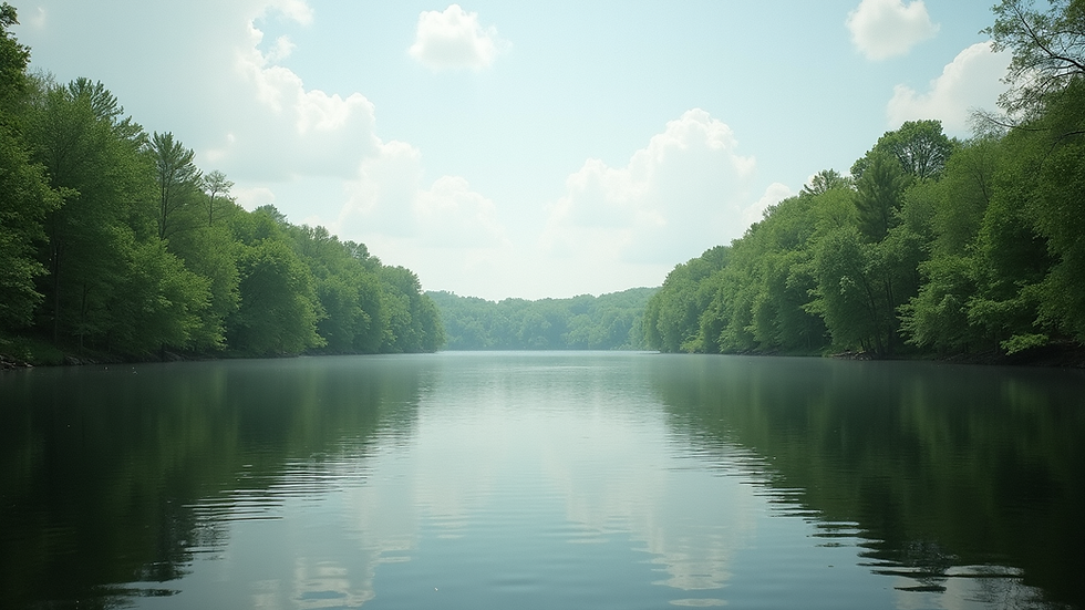 Wide angle view of Old Hickory Lake with calm water and green trees