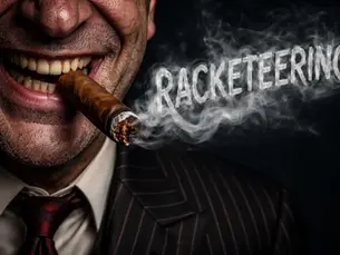'Racketeering' text with person smoking cigar