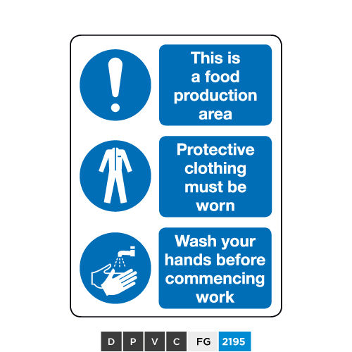 Food production area, Protective clothing must be worn, Wash your hands