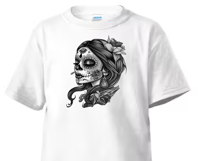 DIA DE LOS MUERTOS LADY. ON A WHITE SHIRT.