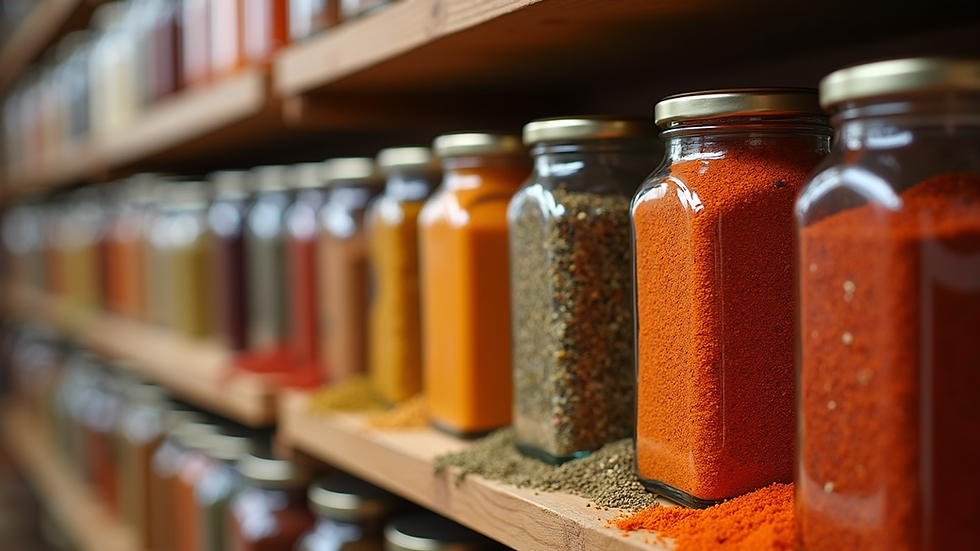 Close-up view of jars filled with vibrant Hayfene spices on a wooden shelf