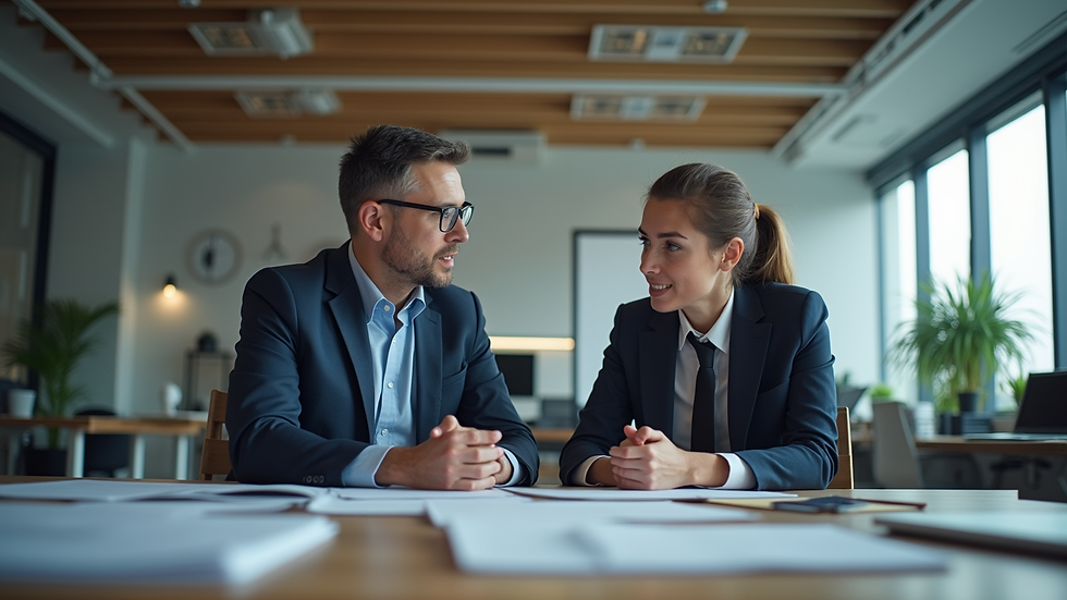Eye-level view of a manager discussing work with a team member in an office