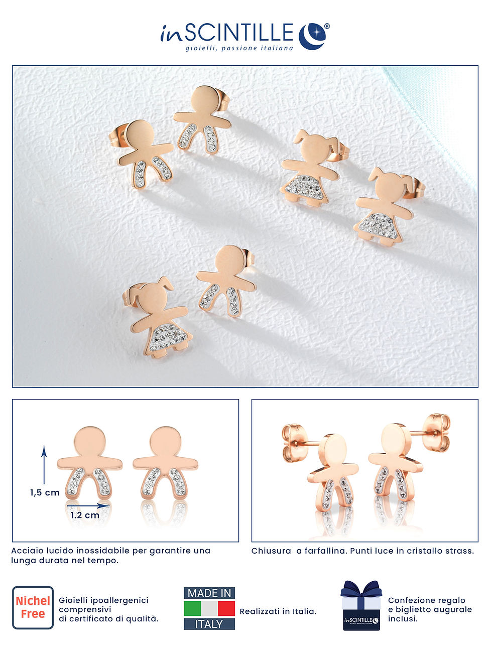 Thumbnail: Boucles d'Oreilles Sweet Child en forme de "Petit Garçon" en acier et Zircons
