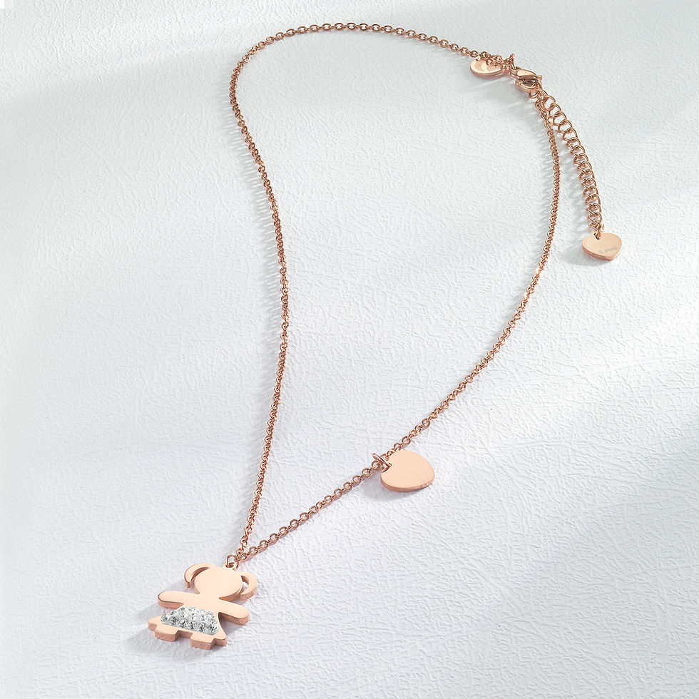Miniature : Collier Sweet Child Chaîne Maille Forçat, Pendants "Petite Fille, Cœur",Zircons