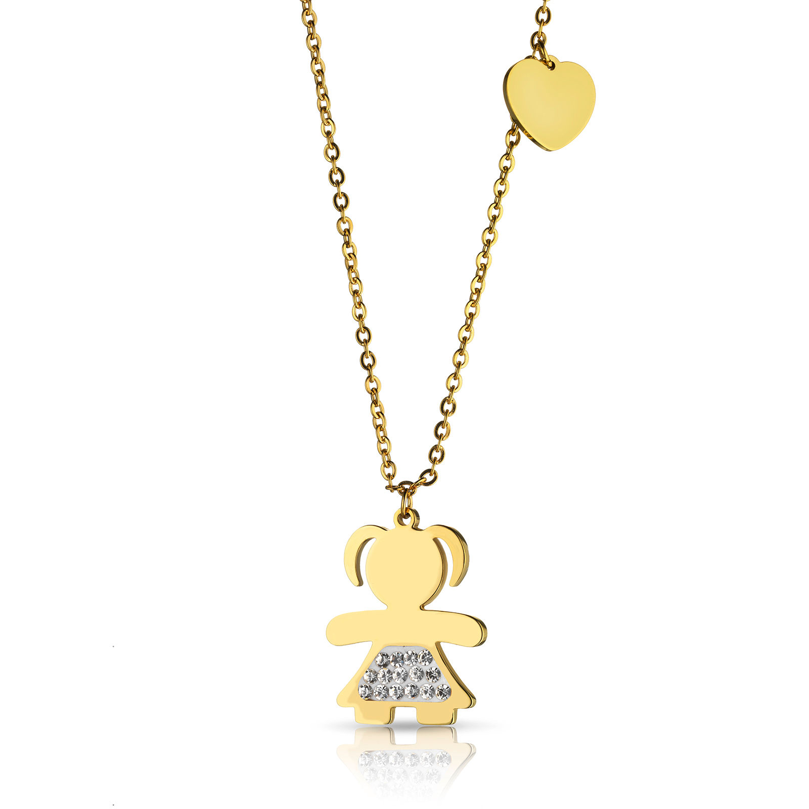 Collier Sweet Child Chaîne Maille Forçat, Pendants "Petite Fille, Cœur",Zircons