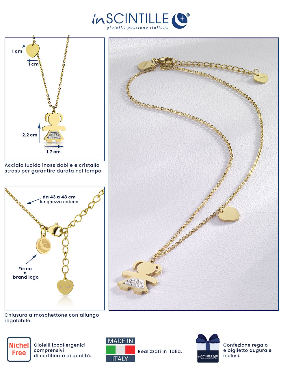Miniature : Collier Sweet Child Chaîne Maille Forçat, Pendants "Petite Fille, Cœur",Zircons