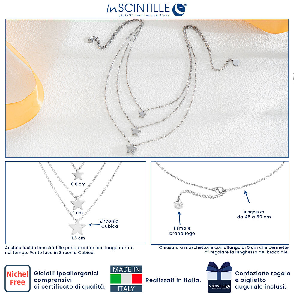 Miniature : Collier Cuori e Stelle Chaîne Maille Forçat Triple Rangs,Pendants "Etoiles"acier