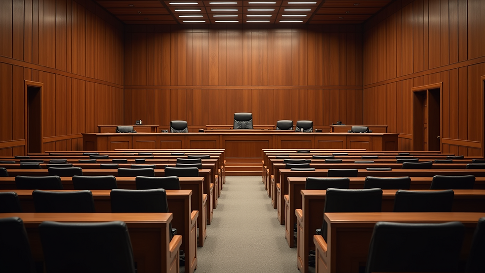 High angle view of courtroom with empty seats and judge's bench