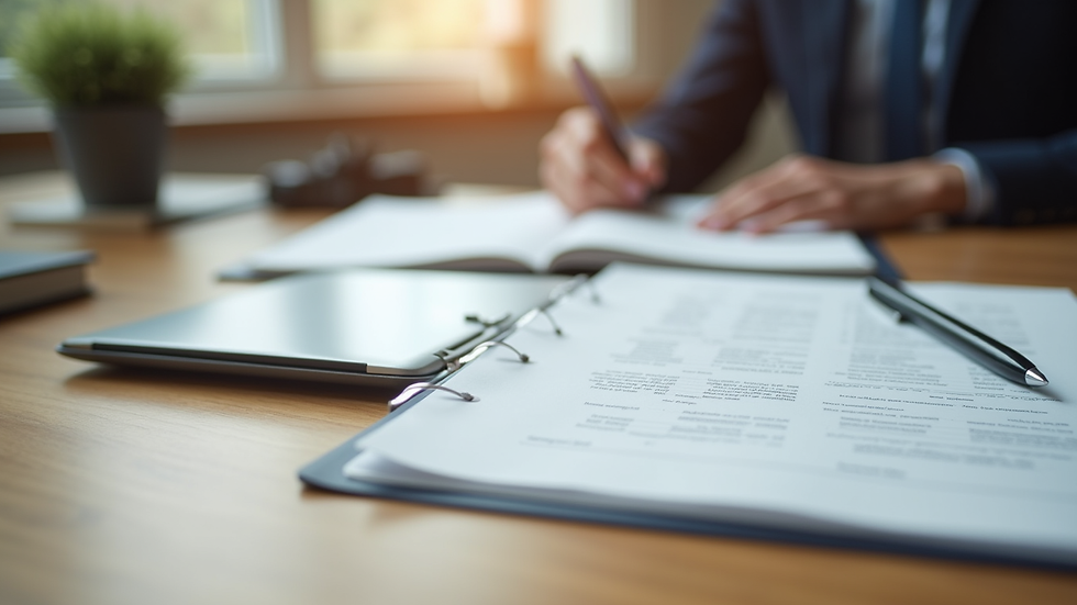 Close-up view of legal documents and a pen on a wooden desk