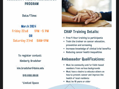 Become a Duke-certified Community Health Ambassador! 
#chap #duke #shacklefree