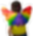 A person in a yellow shirt with their back to the camera while wearing rainbow feather wings.