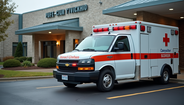 Eye-level view of a medical courier vehicle parked outside a healthcare facility