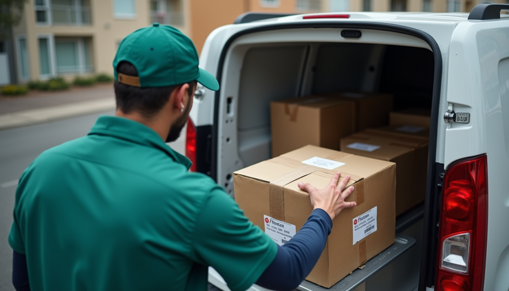 High angle view of a courier securely loading medical packages into a vehicle