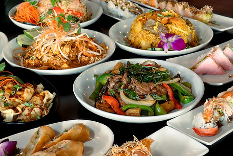 Variety of Chinese, Thai, and sushi dishes from a Dallas menu.