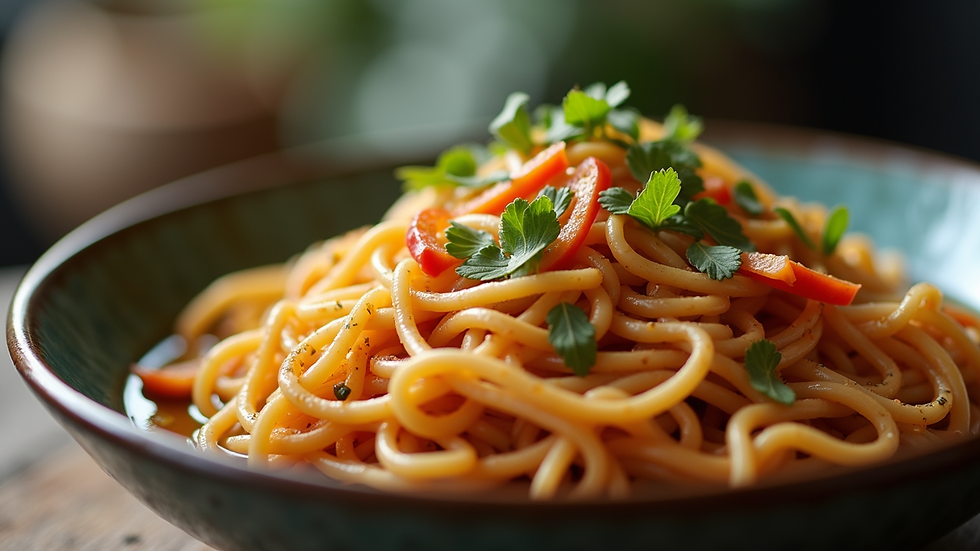 Close-up view of a colorful bowl of Pad Thai noodles
