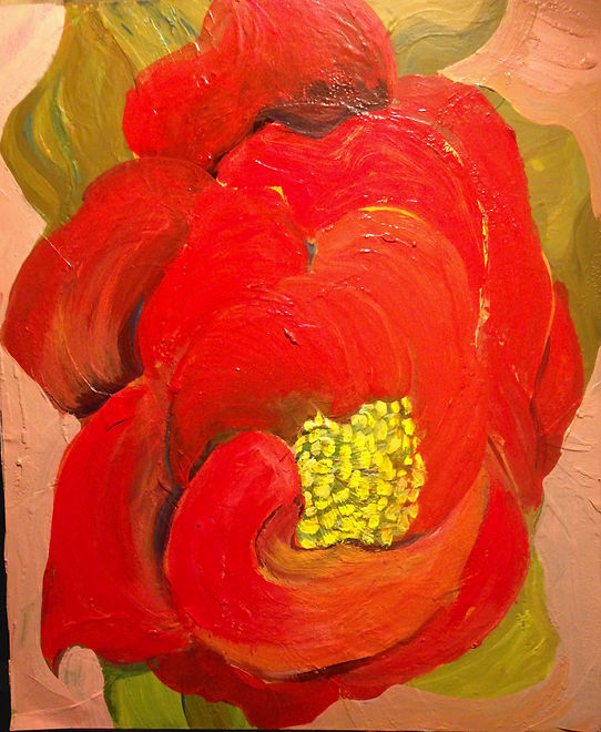 large red-orange flower with yellow center and green leaves on mauve background, acrylic paint